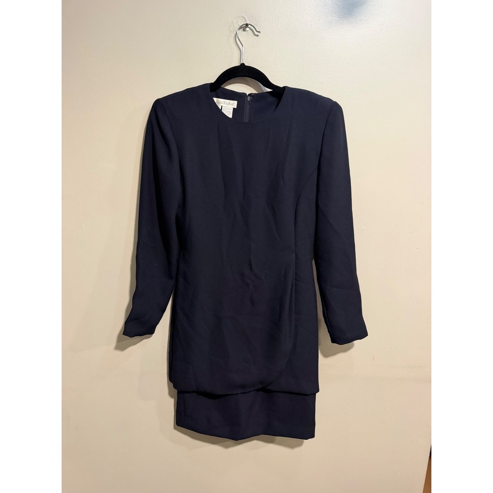 Ann Taylor Vintage Navy Blue Long Sleeve Layered Mini Dress Size 2 Shoulder Pads